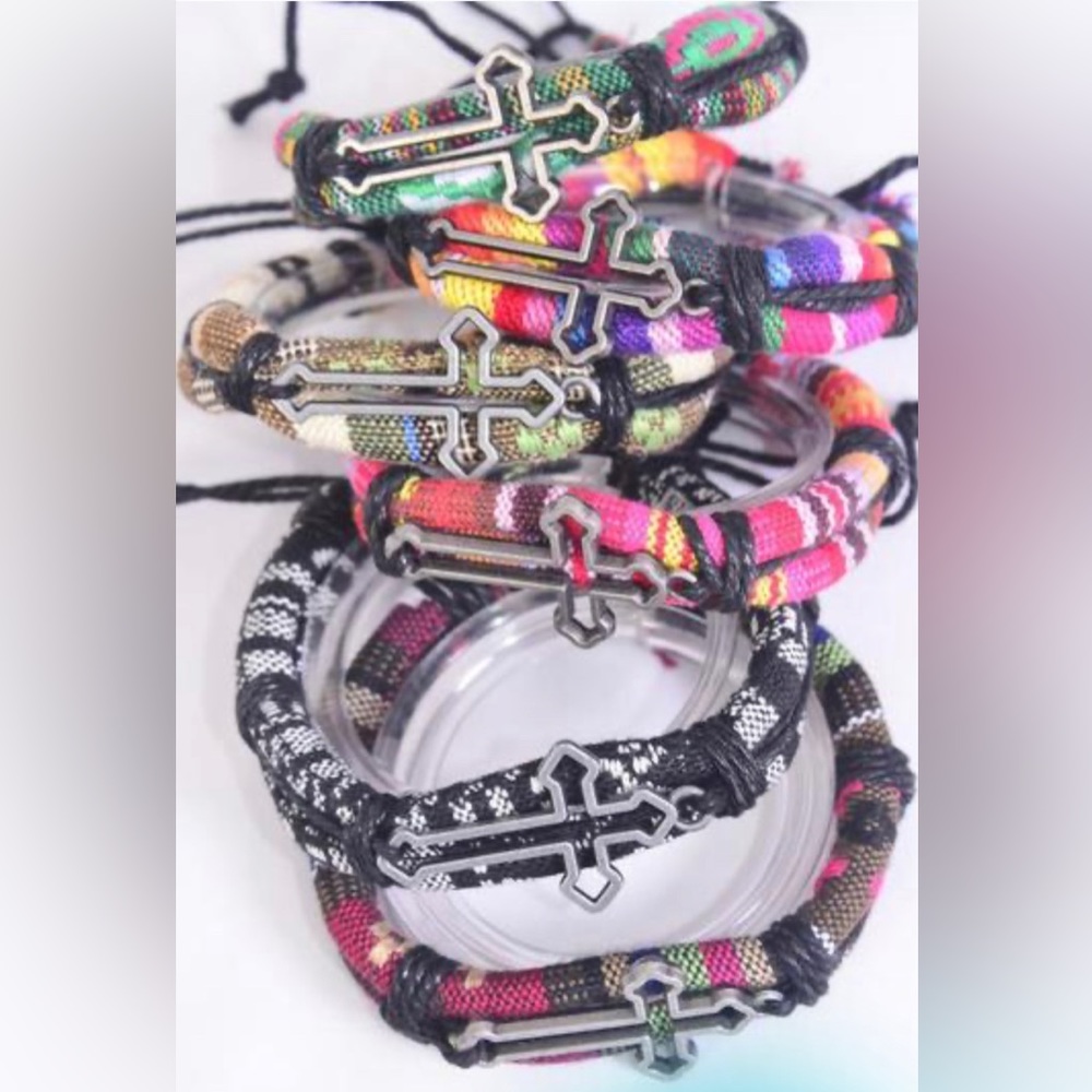 Six Pack Leather Open Cross Aztec Macrame Wrap Bracelets Wholesale